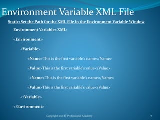 Copyright 2015 IT Professional Academy 7
Environment Variable XML File
Static: Set the Path for the XML File in the Environment Variable Window
Environment Variables XML:
<Environment>
<Variable>
<Name>This is the first variable's name</Name>
<Value>This is the first variable's value</Value>
<Name>This is the first variable's name</Name>
<Value>This is the first variable's value</Value>
</Variable>
</Environment>
 