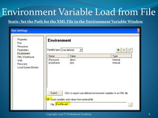 Copyright 2015 IT Professional Academy 8
Environment Variable Load from File
Static: Set the Path for the XML File in the Environment Variable Window
 