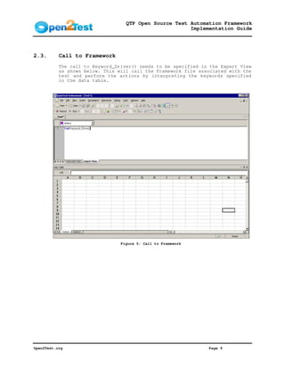 QTP Open Source Test Automation Framework
                                                        Implementation Guide




2.3.       Call to Framework
           The call to Keyword_Driver() needs to be specified in the Expert View
           as shown below. This will call the Framework file associated with the
           test and perform the actions by interpreting the keywords specified
           in the data table.




                                 Figure 5: Call to Framework




Open2Test.org                                                   Page 9
 