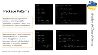Package Patterns
keep test code in a separate root
directory, commonly used for
standalone modules as it allows us to
distribute the code and tests together
root
|
+- package
| |
| +- file1
| +- file2
|
+- tests
|
+- test_file1
+- test_file2
root
|
+- package
|
+- file1
+- file2
+- tests
|
+- test_file1
+- test_file2
keep test code as a submodule of the
main code and has an advantage
when the application has to be
packaged without the test code (e.g.
deploying to production servers or
distributing to customers)
python_boilerplate
|
+- python_boilerplate
| |
| +- __init__.py
| +- python_boilerplate.py
|
+- tests
|
+- __init__.py
+- test_python_boilerplate.py
src
|
+- python_boilerplate
|
+- __init__.py
+- python_boilerplate.py
+- tests
|
+- __init__.py
+- test_python_boilerplate.py
Excerpt From: “Test-Driven Python Development.”
 
