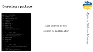 Dissecting a package
Let’s analyze all files
created by cookiecutter
python_boilerplate
+- AUTHORS.rst
+- CONTRIBUTING.rst
+- HISTORY.rst
+- LICENSE
+- MANIFEST.in
+- Makefile
+- README.rst
+- python_boilerplate
| |
| +- __init__.py
| +- python_boilerplate.py
+- requirements_dev.txt
+- setup.cfg
+- setup.py
+- tests
| |
| +- __init__.py
| +- test_python_boilerplate.py
+- tox.ini
+- travis_pypi_setup.py
 