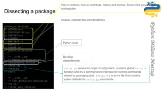 python_boilerplate
+- AUTHORS.rst
+- CONTRIBUTING.rst
+- HISTORY.rst
+- LICENSE
+- MANIFEST.in
+- Makefile
+- README.rst
+- python_boilerplate
| |
| +- __init__.py
| +- python_boilerplate.py
+- requirements_dev.txt
+- setup.cfg
+- setup.py
+- tests
| |
| +- __init__.py
| +- test_python_boilerplate.py
+- tox.ini
+- travis_pypi_setup.py
Info on authors, how to contribute, history and license. Some infos provided by
cookiecutter.
Python code
Include, exclude files and directories
Develop
dependencies
setup.py serves for project configuration, contains global setup()
function and it's a command line interface for running commands
related to packaging task. setup.cfg is an ini file that contains
option defaults for setup.py commands.
Dissecting a package
 