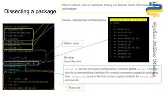 python_boilerplate
+- AUTHORS.rst
+- CONTRIBUTING.rst
+- HISTORY.rst
+- LICENSE
+- MANIFEST.in
+- Makefile
+- README.rst
+- python_boilerplate
| |
| +- __init__.py
| +- python_boilerplate.py
+- requirements_dev.txt
+- setup.cfg
+- setup.py
+- tests
| |
| +- __init__.py
| +- test_python_boilerplate.py
+- tox.ini
+- travis_pypi_setup.py
Info on authors, how to contribute, history and license. Some infos provided by
cookiecutter.
Python code
Include, exclude files and directories
Test suite
Develop
dependencies
setup.py serves for project configuration, contains global setup() function
and it's a command line interface for running commands related to packaging
task. setup.cfg is an ini file that contains option defaults for setup.py
commands.
Dissecting a package
Because we want write docs!
+- docs
| |
| +- Makefile
| +- authors.rst
| +- conf.py
| +- contributing.rst
| +- history.rst
| +- index.rst
| +- installation.rst
| +- make.bat
| +- readme.rst
| +- usage.rst
 