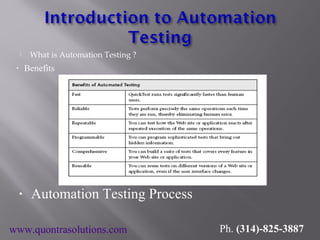  What is Automation Testing ?
• Benefits
• Automation Testing Process
www.quontrasolutions.com Ph. (314)-825-3887
 