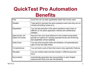 QuickTest Pro Automation
               Benefits




08/19/12                          2
 