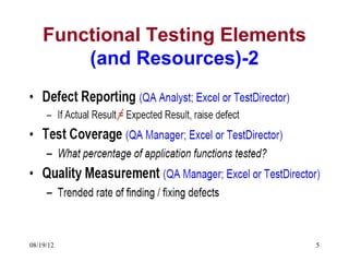 Functional Testing Elements
        (and Resources)-2




08/19/12                          5
 