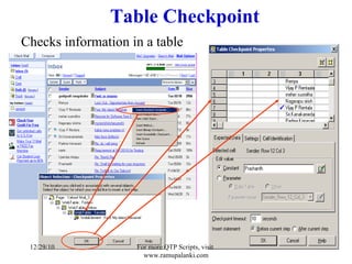 Table Checkpoint Checks information in a table 12/29/10 For more QTP Scripts, visit  www.ramupalanki.com 