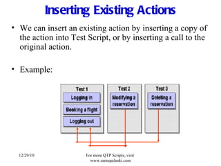 Inserting Existing Actions We can insert an existing action by inserting a copy of the action into Test Script, or by inserting a call to the original action. Example:  12/29/10 For more QTP Scripts, visit  www.ramupalanki.com 