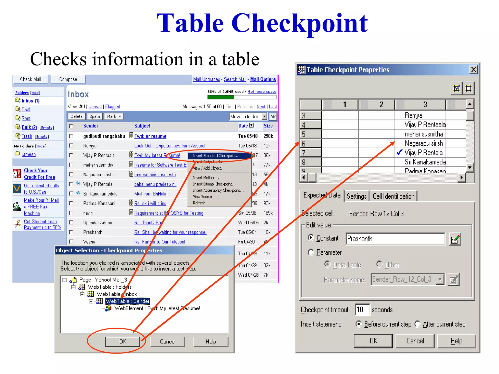 Table Checkpoint Checks information in a table 