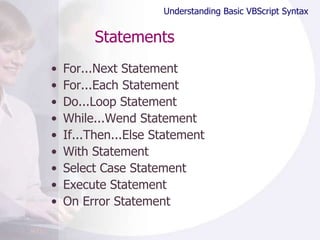 Statements For...Next Statement For...Each Statement Do...Loop Statement While...Wend Statement If...Then...Else Statement With Statement Select Case Statement Execute Statement On Error Statement Understanding Basic VBScript Syntax 