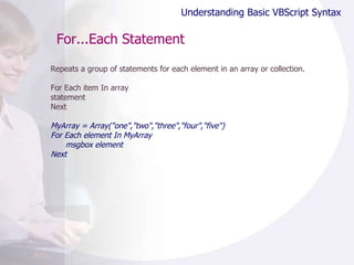 For...Each Statement Repeats a group of statements for each element in an array or collection. For Each item In array statement Next MyArray = Array("one","two","three","four","five") For Each element In MyArray msgbox element Next Understanding Basic VBScript Syntax 