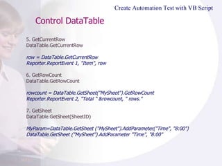 Control DataTable  5. GetCurrentRow DataTable.GetCurrentRow  row = DataTable.GetCurrentRow  Reporter.ReportEvent 1, "Item", row  6. GetRowCount DataTable.GetRowCount  rowcount = DataTable.GetSheet("MySheet").GetRowCount  Reporter.ReportEvent 2, "Total " &rowcount, " rows."  7. GetSheet DataTable.GetSheet(SheetID) MyParam=DataTable.GetSheet ("MySheet").AddParameter("Time", "8:00")  DataTable.GetSheet ("MySheet").AddParameter "Time", "8:00"  Create Automation Test with VB Script 
