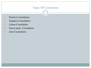 Types Of Correlation


1.   Positive Correlation
2.   Negative Correlation
3.   Linear Correlation
4.   Non-Linear Correlation
5.   Zero Correlation
 