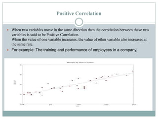 Positive Correlation


 When two variables move in the same direction then the correlation between these two
  variables is said to be Positive Correlation.
  When the value of one variable increases, the value of other variable also increases at
  the same rate.
 For example: The training and performance of employees in a company.
 