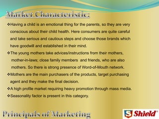 Having a child is an emotional thing for the parents, so they are very
conscious about their child health. Here consumers are quite careful
and take serious and cautious steps and choose those brands which
have goodwill and established in their mind.
The young mothers take advices/instructions from their mothers,
mother-in-laws; close family members and friends, who are also
mothers. So there is strong presence of Word-of-Mouth network.
Mothers are the main purchasers of the products, target purchasing
agent and they make the final decision.
A high profile market requiring heavy promotion through mass media.
Seasonality factor is present in this category.
 