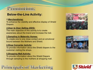 Below-the-Line Activity:
1.Merchandising:
To enhance the visibility and effective display of Shield
Diapers
2.Door to Door Selling (DDS):
The main objective of this activity is to create
awareness about the brand and increase the trail.
3.Sampling in Maternity Homes:
To create one to one close contact and an emotional
bound between the Mothers and Shield.
4.Shop Converter Activity:
To provide information about the Shield diapers to the
customer visiting the shops.
5.Shopping Mall Activity:
To provide information about the Shield Diapers
through sampling to the mothers at shopping mall.
 