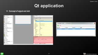 October 5, 2018
21
Qt application
 Concept of signal and slot
 