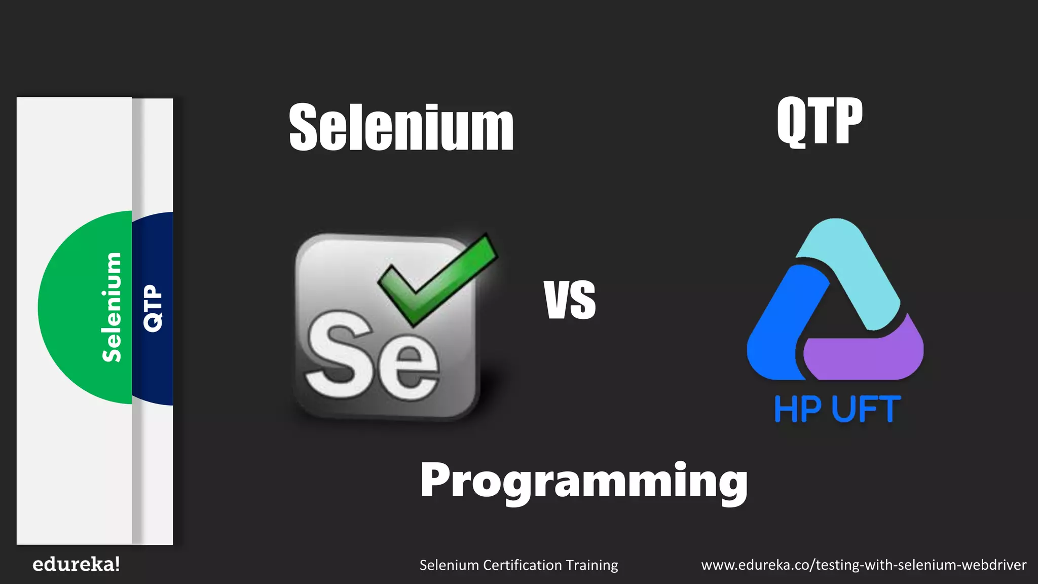 Selenium Certification Training www.edureka.co/testing-with-selenium-webdriver
vs
QTP
Selenium
Programming
QTPSelenium
 