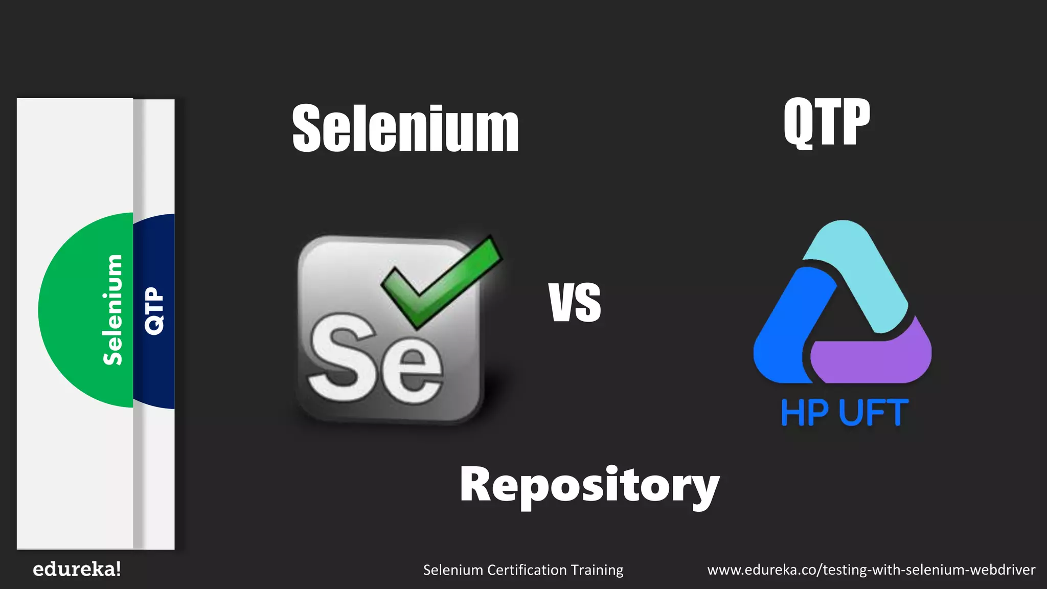 Selenium Certification Training www.edureka.co/testing-with-selenium-webdriver
vs
QTP
Selenium
Repository
QTPSelenium
 