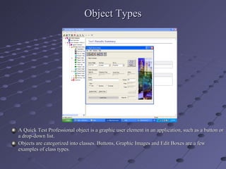 Object Types A Quick Test Professional object is a graphic user element in an application, such as a button or a drop-down list. Objects are categorized into classes. Buttons, Graphic Images and Edit Boxes are a few examples of class types. 