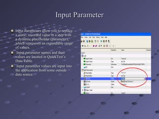 Input Parameter Input Parameters allow you to replace a static, recorded value in a step with a dynamic placeholder (parameter), which represents an expandable range of values. Input parameter names and their values are located in QuickTest’s Data Table. Input parameter values are input into the application from some outside data source. 