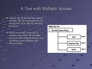 A Test with Multiple Actions Actions can be divided into logical sections, like the main sections of a transaction, or by specific business processes. When you create a new test, it contains one action. By dividing your tests into multiple actions, you can design more modular and efficient tests. 