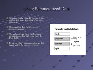 Using Parameterized Data Test data can be passed from one test to another test using the value of an input parameter. This creates a data flow between business processes. The value passed from one business process to another will come from the Data Table. Be aware of any data dependencies that occur within the business process. 