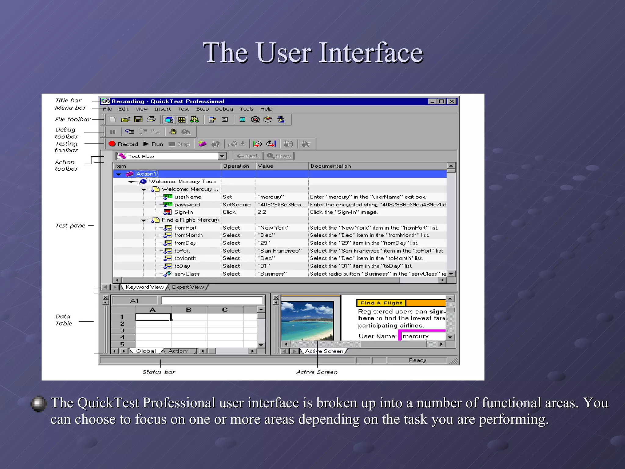 The User Interface The QuickTest Professional user interface is broken up into a number of functional areas. You can choose to focus on one or more areas depending on the task you are performing. 