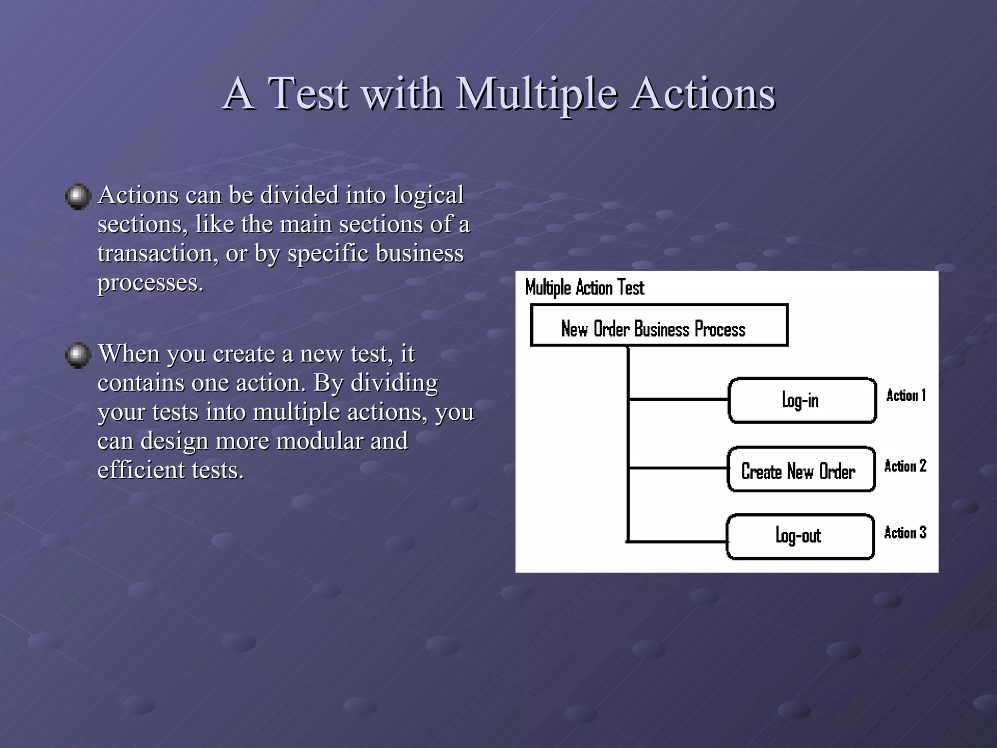 A Test with Multiple Actions Actions can be divided into logical sections, like the main sections of a transaction, or by specific business processes. When you create a new test, it contains one action. By dividing your tests into multiple actions, you can design more modular and efficient tests. 