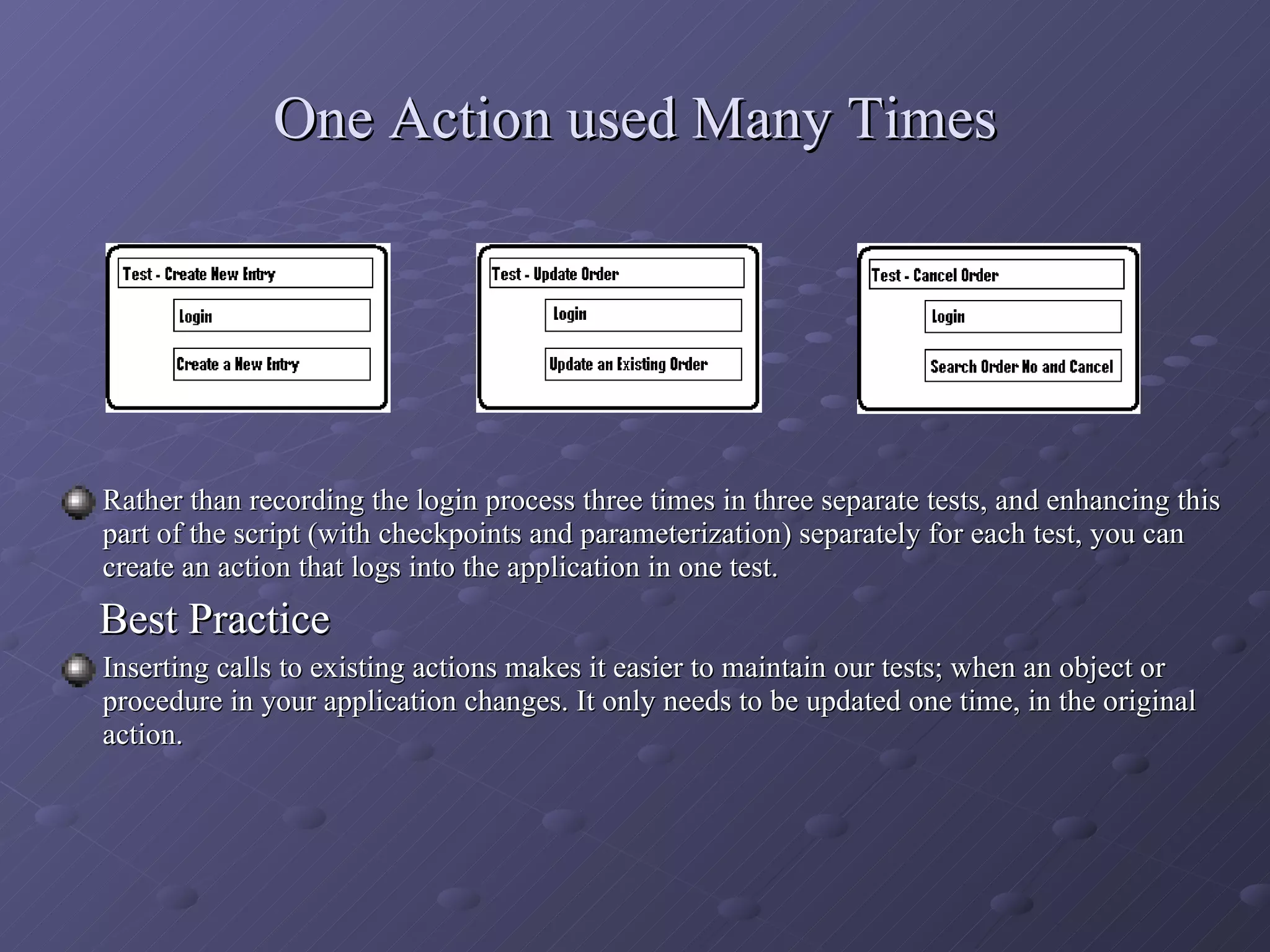 One Action used Many Times Rather than recording the login process three times in three separate tests, and enhancing this part of the script (with checkpoints and parameterization) separately for each test, you can create an action that logs into the application in one test. Best Practice Inserting calls to existing actions makes it easier to maintain our tests; when an object or procedure in your application changes. It only needs to be updated one time, in the original action. 