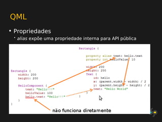 QML
• Propriedades
 •   alias expõe uma propriedade interna para API pública
 •
 