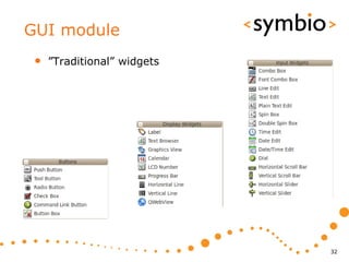 GUI module
 •   ”Traditional” widgets




                             32
 