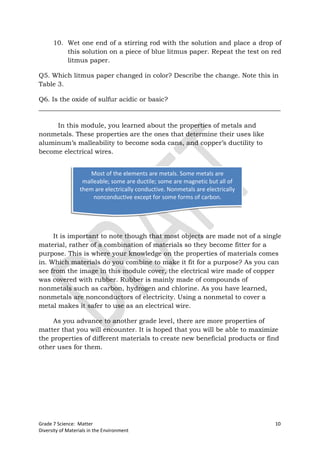 10. Wet one end of a stirring rod with the solution and place a drop of
          this solution on a piece of blue litmus paper. Repeat the test on red
          litmus paper.

Q5. Which litmus paper changed in color? Describe the change. Note this in
Table 3.

Q6. Is the oxide of sulfur acidic or basic?
___________________________________________________________________________

     In this module, you learned about the properties of metals and
nonmetals. These properties are the ones that determine their uses like
aluminum’s malleability to become soda cans, and copper’s ductility to
become electrical wires.


                      Most of the elements are metals. Some metals are
                   malleable; some are ductile; some are magnetic but all of
                  them are electrically conductive. Nonmetals are electrically
                       nonconductive except for some forms of carbon.




     It is important to note though that most objects are made not of a single
material, rather of a combination of materials so they become fitter for a
purpose. This is where your knowledge on the properties of materials comes
in. Which materials do you combine to make it fit for a purpose? As you can
see from the image in this module cover, the electrical wire made of copper
was covered with rubber. Rubber is mainly made of compounds of
nonmetals such as carbon, hydrogen and chlorine. As you have learned,
nonmetals are nonconductors of electricity. Using a nonmetal to cover a
metal makes it safer to use as an electrical wire.

     As you advance to another grade level, there are more properties of
matter that you will encounter. It is hoped that you will be able to maximize
the properties of different materials to create new beneficial products or find
other uses for them.




Grade 7 Science: Matter                                                          10
Diversity of Materials in the Environment
 
