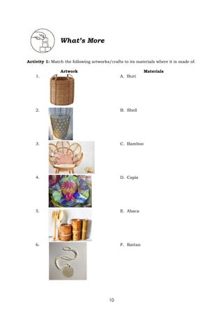 10
What’s More
Activity 1: Match the following artworks/crafts to its materials where it is made of.
Artwork Materials
1. A. Buri
2. B. Shell
3. C. Bamboo
4. D. Capiz
5. E. Abaca
6. F. Rattan
 