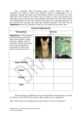 On a separate sheet of paper, draw a table similar to Table 1.
Complete the table to show the different levels of organization in an
organism. Supply the table with descriptions based on an article (or news
clip) that your teacher has asked you to bring to class and pictures (or
drawings in case pictures are not available) that come with the article. Write
your descriptions on the first column and paste the matching pictures on
the second (for animals) and third (for plants) columns. The first row on
Organisms shows an example of how you can work out the other rows.

                                    Levels of Organization

          Descriptions                                                          Pictures

Organisms are living things
and are made up of parts
that work together: organ
systems, organs, tissues,
and cells. These parts need
to function properly for
organisms to meet their
basic needs and survive.




                                          Photo: Courtesy of Michael Anthony B. Mantala   Photo: Courtesy of Michael Anthony B. Mantala



        Organ Systems



              Organs



              Tissues



               Cells




       After learning the different levels of organization in organisms, try now
to reflect on the title of this module: What makes up an organism?

Q22. What are your thoughts about your place in the environment?



Grade 7 Science: Living Things and Their Environment                                                                               8
From Cell to Organism
 