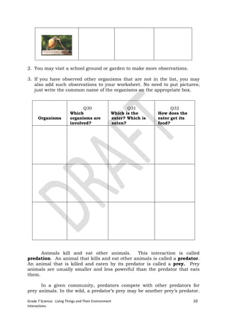 2. You may visit a school ground or garden to make more observations.

3. If you have observed other organisms that are not in the list, you may
   also add such observations to your worksheet. No need to put pictures;
   just write the common name of the organisms on the appropriate box.


                                Q30                       Q31              Q32
                          Which                    Which is the      How does the
      Organisms           organisms are            eater? Which is   eater get its
                          involved?                eaten?            food?




      Animals kill and eat other animals.      This interaction is called
predation. An animal that kills and eat other animals is called a predator.
An animal that is killed and eaten by its predator is called a prey. Prey
animals are usually smaller and less powerful than the predator that eats
them.

      In a given community, predators compete with other predators for
prey animals. In the wild, a predator’s prey may be another prey’s predator.

Grade 7 Science: Living Things and Their Environment                                 10
Interactions
 
