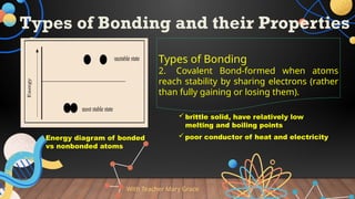 Types of Bonding and their Properties
With Teacher Mary Grace
Types of Bonding
2. Covalent Bond-formed when atoms
reach stability by sharing electrons (rather
than fully gaining or losing them).
Energy diagram of bonded
vs nonbonded atoms
brittle solid, have relatively low
melting and boiling points
poor conductor of heat and electricity
 