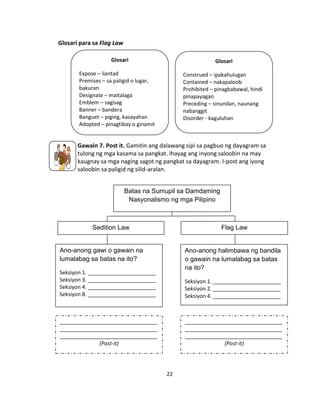 22
Glosari para sa Flag Law
Gawain 7. Post it. Gamitin ang dalawang sipi sa pagbuo ng dayagram sa
tulong ng mga kasama sa pangkat. Ihayag ang inyong saloobin na may
kaugnay sa mga naging sagot ng pangkat sa dayagram. I-post ang iyong
saloobin sa paligid ng silid-aralan.
Batas na Sumupil sa Damdaming
Nasyonalismo ng mga Pilipino
Sedition Law Flag Law
Ano-anong gawi o gawain na
lumalabag sa batas na ito?
Seksiyon 1. _______________________
Seksiyon 3. _______________________
Seksiyon 4. _______________________
Seksiyon 8. _______________________
Ano-anong halimbawa ng bandila
o gawain na lumalabag sa batas
na ito?
Seksiyon 1. _______________________
Seksiyon 2. _______________________
Seksiyon 4. _______________________
Glosari
Expose – ilantad
Premises – sa paligid o lugar,
bakuran
Designate – maitalaga
Emblem – sagisag
Banner – bandera
Banguet – piging, kasayahan
Adopted – pinagtibay o ginamit
Glosari
Construed – ipakahulugan
Contained – nakapaloob
Prohibited – pinagbabawal, hindi
pinapayagan
Preceding – sinundan, naunang
nabanggit
Disorder - kaguluhan
_________________________________
_________________________________
_________________________________
(Post-it)
_________________________________
_________________________________
_________________________________
(Post-it)
 