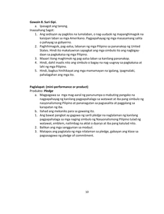 10
Gawain 8. Suri-Sipi.
a. Ipasagot ang tanong.
Inaasahang Sagot:
1. Ang sedisyon ay pagkilos na lumalaban, o nag-uudyok ng mapanghimagsik na
kaisipan laban sa mga Amerikano. Pagpapahayag ng mga masasamang salita
o pahayag sa gobyerno.
2. Paghihimagsik, pag-aalsa, labanan ng mga Pilipino sa pananakop ng United
States. Hindi ito makatuwiran sapagkat ang mga simbulo ito ang nagbigay-
daan sa pagkakaisa ng mga Pilipino.
3. Maaari itong maghimok ng pag-aalsa laban sa kanilang pananakop.
4. Hindi, dahil inaalis nito ang simbulo o bagay na nag-uugnay sa pagkakaisa at
lahi ng mga Pilipino.
5. Hindi, bagkus hinihikayat ang mga mamamayan na igalang, ipagmalaki,
pahalagahan ang mga ito.
Paglalapat: (mini-performance or product)
Produkto: Pledge
a. Magpagawa sa mga mag-aaral ng panunumpa o mabuting pangako na
nagpapahayag ng kanilang pagpapahalaga sa watawat at iba pang simbulo ng
nasyonalismong Pilipino at pananagutan sa pagsasalita at paggalang sa
karapatan ng iba.
b. Ilahad ang mekaniks para sa gawaing ito.
1. Ang bawat pangkat ay gagawa ng sarili pledge na naglalaman ng kanilang
pagpapahalaga sa mga naging simbulo ng Nasyonalismong Pilipino tulad ng
watawat, emblem, nailimbag na aklat o dyaryo at iba pang katulad nito.
2. Balikan ang mga sanggunian sa modyul.
3. Matapos ang pagtatala ng mga nilalaman sa pledge, gabayan ang klase sa
pagsasagawa ng pledge of commitment.
 
