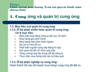 Chöông 1:
Chöùc naêng mua haøng. Yeáu toá quyeát ñònh cuûa
chieán löôïc
1. Cung ứng và quản trị cung ứng
1.3. Mục tiêu của quản trị cung ứng:
1.3.2. Ở bộ phận chiến lược quản trị cung ứng:
Có 8 mục tiêu:
1. Đảm bảo hoạt động công ty liên tục, ổn định
2. Mua hàng giá cạnh tranh
3. Mua hàng một cách khôn ngoan
4. Dự trữ ở mức tối ưu
5. Phát triển nguồn cung cấp đáng tin cậy
6. Giữ quan hệ tốt với nhà cung cấp
7. Tăng cường hợp tác trong nội bộ công ty
8. Thực hiện mua hàng một các có hiệu quả.
1.3.3. Ở bộ phận nghiệp vụ cung ứng:
Hoàn thành tốt các kế hoạch mua hàng/ cung ứng đã đặt ra.
 
