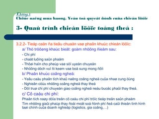 Chöông 1:
Chöùc naêng mua haøng. Yeáu toá quyeát ñònh cuûa chieán löôïc
3- Quaù trình chieán löôïc toång theå :
3.2.2- Tieáp caän ña tieâu chuaån vaø phaân khuùc chieán löôïc:
a/ Thò tröôøng khaùc bieät: goàm nhöõng ñieåm sau:
- Chi phí
- chaát luôïng saûn phaåm
- Thôøi haïn cho pheùp vaø söï uyeån chuyeån
- Nhöõng dòch vuï ñi keøm vaø boå sung mong ñôïi
b/ Phaân khuùc coâng ngheä:
- Yeâu caàu phaân tích khaû naêng coâng ngheä cuûa nhaø cung öùng
- Nghieân cöùu nhöõng coâng ngheä thay theá
- Döï truø chi phí chuyeån giao coâng ngheä neáu buoäc phaûi thay theá.
c/ Cô caáu chi phí:
Phaân tích naøy döïa treân cô caáu chi phí tröïc tieáp treân saûn phaåm
Tìm nhöõng giaûi phaùp thay ñoåi moät soá ñònh phí ñeå caûi thieän tình hình
taøi chính cuûa doanh nghieäp (logistics, gia coâng,…)
 