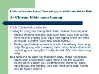 Chöùc naêng mua haøng. Yeáu toá quyeát ñònh cuûa chieán löôïc
5- Chieán löôïc mua haøng
5.2.3- Chieán löôïc thoâng tin:
Thoâng tin trong mua haøng ñöôïc thöïc hieän ôû hai caáp ñoä:
- Thoâng tin trong noäi boä: lieân quan ñeán quaù trình quyeát
ñònh ña chöùc naêng (ñoäi nguõ mua haøng, choïn löïa nhaø
cung caáp, qui trình ñaùnh giaù chaát löôïng,…)
- Thoâng tin vôùi beân ngoaøi: ñoái vôùi thò tröôøng nhaø cung
caáp. Song song vôùi marketing baùn haøng, böôùc ñaàu cuûa
marketing mua haøng laø “thoâng tin lieân laïc” vôùi nhaø cung
caáp.
Boå sung cho hai caáp ñoä thoâng tin naøy, chöùc naêng mua
haøng caàn nhaán maïnh vaøo nhöõng hoã trôï cuûa heä
thoáng tin hoïc quaûn lyù : qui trình haønh chính, döï baùo,
nghieân cöùu thò tröôøng, theo doõi nhaø cung caáp, ñaùnh
giaù söï hoaøn thieän.)
 