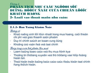 Chöông 3:
PHAÂN TÍCH NHU CAÀU NGÖÔØI SÖÛ
DUÏNG: BÖÔÙC ÑAÀU CUÛA CHIEÁN LÖÔÏC
KHAÙCH HAØNG
2- Loaïi vaø thoaû maõn nhu caàu:
2.1.5- Ban Toång Giaùm Ñoác
Ñoäng cô:
- Khaû naêng sinh lôïi lôùn nhaát trong mua haøng, caûi thieän
chi phí veà giaù thaønh saûn phaåm
- Duy trì chính saùch an toaøn cung öùng
- Khoâng coù vaán ñeà veà taøi chính
Ñaùp öùng cuûa boä phaän thu mua:
- Laøm baûng baøo caùo veà thu mua ñònh kyø
- Thoâng tin thöôøng xuyeân veà thò tröôøng vaø hôïp ñoàng
hieän taïi.
- Theå hieän treân baûng baùo caùo caùc ñieàu kieän taøi chính
ñang thöïch hieän.
 