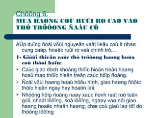 Chöông 6:
MUA HAØNG COÙ RUÛI RO CAO VAØ
THÒ TRÖÔØNG ÑAÀU CÔ
AÙp duïng ñoái vôùi nguyeân vaät lieäu coù ít nhaø
cung caáp, hoaëc ruûi ro veà chính trò,…
1- Giôùi thieäu caùc thò tröôøng haøng hoùa
coù thôøi haïn:
 Caùc giao dòch khoâng thöïc hieän treân haøng
hoaù maø thöïc hieän treân caùc hôïp ñoàng.
 Ñoái vôùi haøng hoaù höõu hình, giao haøng ñöôïc
thöïc hieän ngay hay hoaõn laïi.
 Nhöõng hôïp ñoàng naøy xaùc ñònh raát roõ teân
goïi, chaát löôïng, soá löôïng, ngaøy vaø nôi giao
haøng hoaëc nhaän haøng; chæ coù giaù laø töï do
thöông löôïng.
 
