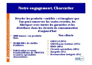 Not e ngage m e nt Ch arcut r
                                                        re             ,        ie

                                                  Dé ce lr ls produit «oubl s » e tim agine r q u e
                                                         e e             s     ié
Qualité, traçabilité, sécurité consommateur




                                                     l pe u t conse rv r ls v
                                                      ’on                 e e   raie s re ce t e s, ls
                                                                                              t      e
                                                      fabriq u e r av c t e s ls garant s e t ls
                                                                     e out e               ie       e
                                                   dist ribue r dans ls circuit de consom m at
                                                                       e        s                     ion
                                                                      d’ ourd’ ui
                                                                         auj    h
                                              ? 4000 tonne s /an produits               Nos cl n t
                                                                                             ie s
                                                finis
                                                                             ?   GM S LS (21%)
                                              ? 26 000 000 € de ch if re
                                                                     f       ?   GM S R ayon t rait u r (12%)
                                                                                                   e
                                                d’ f
                                                  af aire s
                                                                             ?   MDD (30%)
                                                                             ?   Circuit spé cial s (30%)
                                                                                          s       isé
                                              ? Fabricat    ion e tv n t
                                                                    e e
                                                d’andouil t e s de TROYES
                                                             lt
                                                              e              ?   Surge ls (3%)
                                                                                         é
                                                e taut s spé cial é s
                                                      re            it       ?   R e stauration int gré e (4%)
                                                                                                   é
                                                ch arcut re s
                                                         iè
 