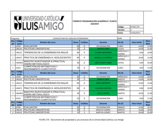 Código: FO-MI-174
Versión: 3
Fecha: 27/02/2017
Sede:
FORMATO PROGRAMACIÓN ACADÉMICA Y PLANTA
DOCENTE
Programa: LICENCIATURA EN LENGUAS EXTRANJERAS
Gru
po
Código
curso
Nombre del curso Horas Créditos Docente Día (S) Hora inicial
Hora
final
1 LE020 EVALUACION 32 2 EN ASIGNACIÓN LUNES 14:00 17:00
1 LING18 POLITICAS LINGÜISTICAS 32 2 JENIFER CANO JUEVES 10:00 12:00
1 LING19 TENDENCIAS DE LA ENSEÑANZA EN INGLES 64 4 LILIANA MATURANA
MIÉRCOLES Y
VIERNES
8:00 10:00
1 LINGP3 PRACTICA DE ENSEÑANZA III: ADOLESCENTES 64 4 MARCELA GUTIÉRREZ
MIÉRCOLES Y
VIERNES
10:00 12:00
1 LINGMI3
MAESTRO INVESTIGADOR III (PRACTICA):
DISEÑO METODOLOGICO
32 2 JOSÉ VICENTE ABAD JUEVES 8:00 10:00
1 LE023
COMPETENCIAS MATEMATICAS Y
RAZONAMIENTO CUANTITATIVO
32 2 EN ASIGNACIÓN LUNES 8:00 11:00
Gru
po
Código
curso
Nombre del curso Horas Créditos Docente Día (S) Hora inicial
Hora
final
2 LE020 EVALUACION 32 2 EN ASIGNACIÓN MIÉRCOLES 14:00 16:00
2 LING18 POLITICAS LINGÜISTICAS 32 2 JENIFER CANO MARTES 14:00 16:00
2 LING19 TENDENCIAS DE LA ENSEÑANZA EN INGLES 64 4 ÉRIKA RESTREPO
MIÉRCOLES Y
VIERNES
10:00 12:00
2 LINGP3 PRACTICA DE ENSEÑANZA III: ADOLESCENTES 64 4 CLAUDIA SUESCÚN
MIÉRCOLES Y
VIERNES
8:00 10:00
2 LINGMI3
MAESTRO INVESTIGADOR III (PRACTICA):
DISEÑO METODOLOGICO
32 2 LESLIE LOPERA MARTES 10:00 12:00
1 LE023
COMPETENCIAS MATEMATICAS Y
RAZONAMIENTO CUANTITATIVO
32 2 EN ASIGNACIÓN LUNES 8:00 11:00
Gru
po
Código
curso
Nombre del curso Horas Créditos Docente Día (S) Hora inicial
Hora
final
3 LE020 EVALUACION 32 2 EN ASIGNACIÓN SÁBADO 14:00 16:00
3 LING18 POLITICAS LINGÜISTICAS 32 2 MARTHA GÓMEZ MARTES 16:00 18:00
4 LING18 POLITICAS LINGÜISTICAS 32 2 MARTHA GÓMEZ MARTES 18:00 20:00
FO-MI-174 - Documento de propiedad y uso exclusivo de la Universidad Católica Luis Amigó
 