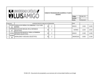 Código: FO-MI-174
Versión: 3
Fecha: 27/02/2017
Sede:
FORMATO PROGRAMACIÓN ACADÉMICA Y PLANTA
DOCENTE
Programa: LICENCIATURA EN LENGUAS EXTRANJERAS
1
FEEMD
09
LENGUA DE SEÑAS COLOMBIANA Y CULTURA
SORDA
32 2 SÁBADO 14:00 16:00
1
LPEMD
07
EDUCACION SEXUAL EN LA INFANCIA
(ELECTIVO)
32 2 VIERNES 16:00 18:00
1 LPE002
EDUCACION MUSICAL PARA LA PRIMERA
INFANCIA (ELECTIVO)
32 2 SÁBADO 12:00 14:00
1
FEEMD
08
RURALIDAD Y ESCUELA (ELECTIVO) 32 2 MIERCOLES 10:00 12:00
FO-MI-174 - Documento de propiedad y uso exclusivo de la Universidad Católica Luis Amigó
 