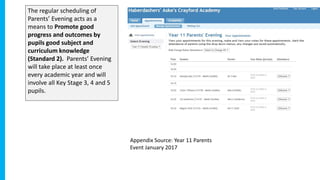 The regular scheduling of
Parents’ Evening acts as a
means to Promote good
progress and outcomes by
pupils good subject and
curriculum knowledge
(Standard 2). Parents’ Evening
will take place at least once
every academic year and will
involve all Key Stage 3, 4 and 5
pupils.
Appendix Source: Year 11 Parents
Event January 2017
 
