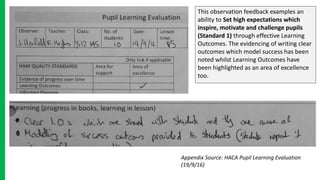 This observation feedback examples an
ability to Set high expectations which
inspire, motivate and challenge pupils
(Standard 1) through effective Learning
Outcomes. The evidencing of writing clear
outcomes which model success has been
noted whilst Learning Outcomes have
been highlighted as an area of excellence
too.
Appendix Source: HACA Pupil Learning Evaluation
(19/9/16)
 