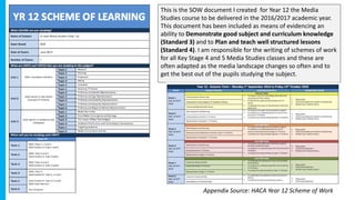 This is the SOW document I created for Year 12 the Media
Studies course to be delivered in the 2016/2017 academic year.
This document has been included as means of evidencing an
ability to Demonstrate good subject and curriculum knowledge
(Standard 3) and to Plan and teach well structured lessons
(Standard 4). I am responsible for the writing of schemes of work
for all Key Stage 4 and 5 Media Studies classes and these are
often adapted as the media landscape changes so often and to
get the best out of the pupils studying the subject.
Appendix Source: HACA Year 12 Scheme of Work
 